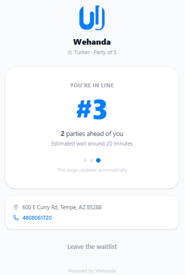 Guest waitlist page showing position number 3 in line with 2 parties ahead and an estimated 20 minute wait