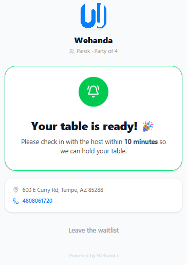 Guest waitlist page showing a green "Your table is ready!" alert asking the guest to check in within 10 minutes