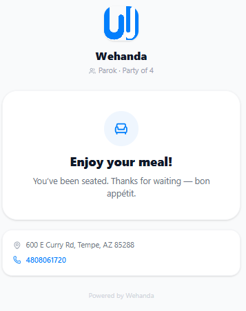 Guest waitlist page showing an "Enjoy your meal!" confirmation after being seated