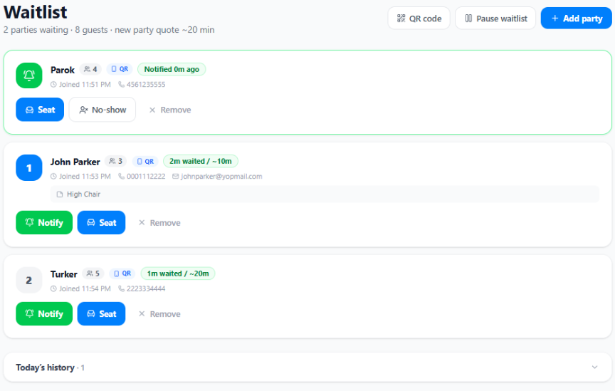 The Waitlist host view showing a notified party pinned on top with Seat and No-show buttons, and two waiting parties with live wait timers